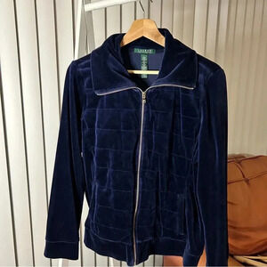 Lauren Ralph Lauren Navy Velour Zip Jacket - Size Large